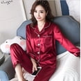 thumbnail image 3 of Pijama de satén de seda de manga larga para mujer, conjunto de ropa para dormir de dos piezas, para estar en cama, de talla grande y en variedad de colores disponibles, 3 of 4