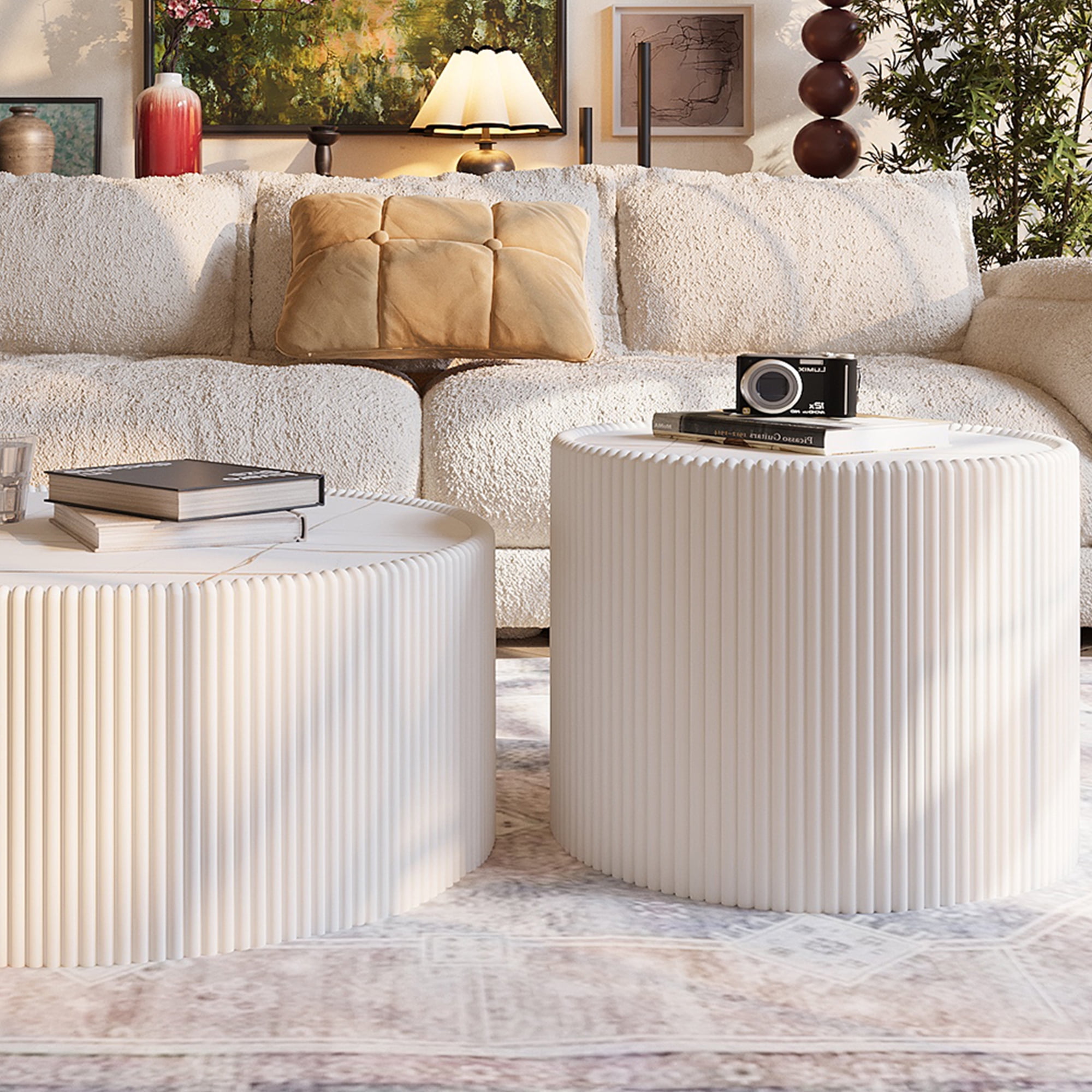 Leumius Round Coffee Table,Cylinder Shape Leather Coffee Modern Sofa Table for Living Room, Bedroom and Outdoor Home Decor White Small