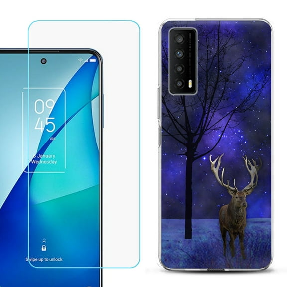Slim-Fit Gel TPU Phone Case for TCL Stylus 5G, with Tempered Glass Screen Protector, by OneToughShield ® - Midnight Deer
