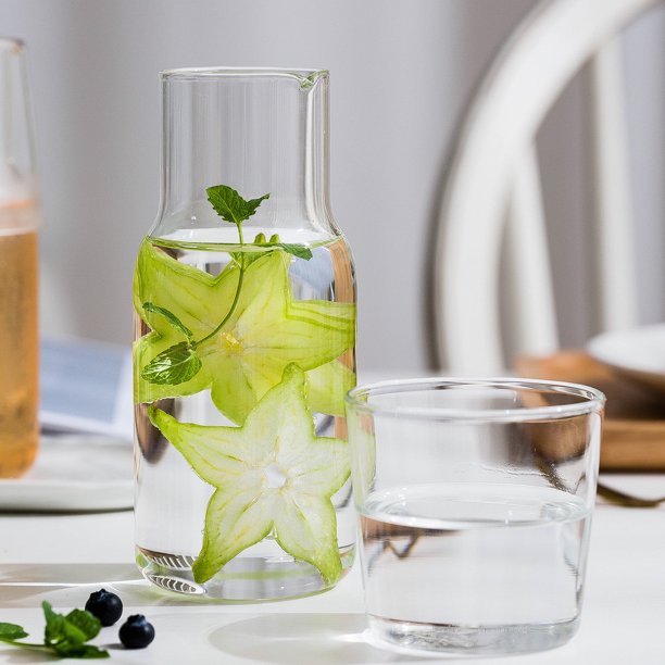 Juego de jarra de agua con vaso, jarra y vaso para mesita de noche, dormitorio, habitación de invitados, jarra de agua fría, dispensador de enjuague bucal para baño y cocina (transparente), 450 ml