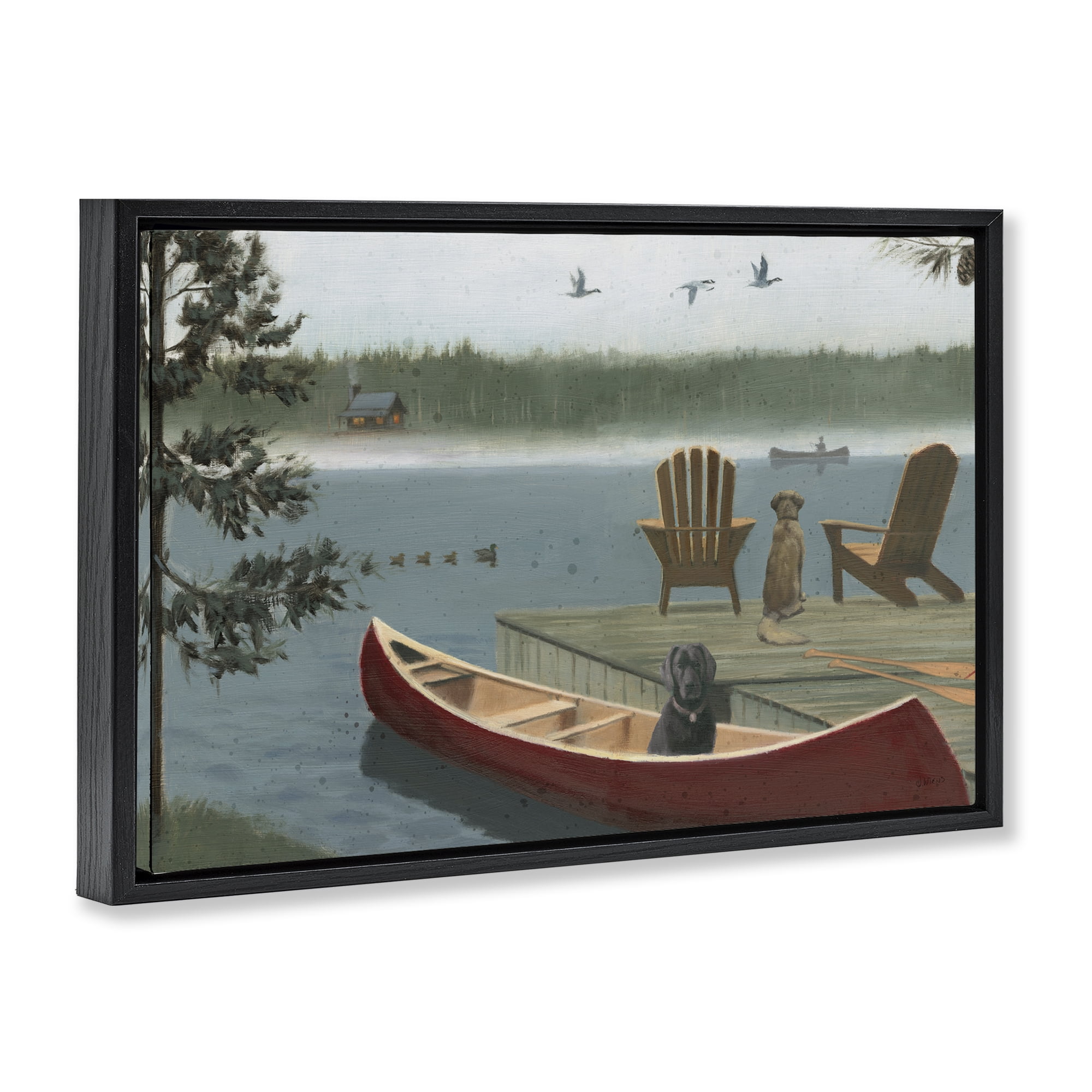 Stupell Industries Dogs on Lake Dock Landscape & Nature Painting Black Floater Framed Canvas Art Print Wall Art, 31 x 21