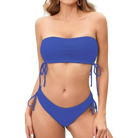 Women s Two Piece Swimsuit Bating Suit Tie Side Ribbed Bandeau Bikini Set