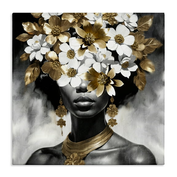 Stupell Industries Woman & Gold Flowers People Painting Wrapped Canvas Art Print Wall Art, 17 x 17