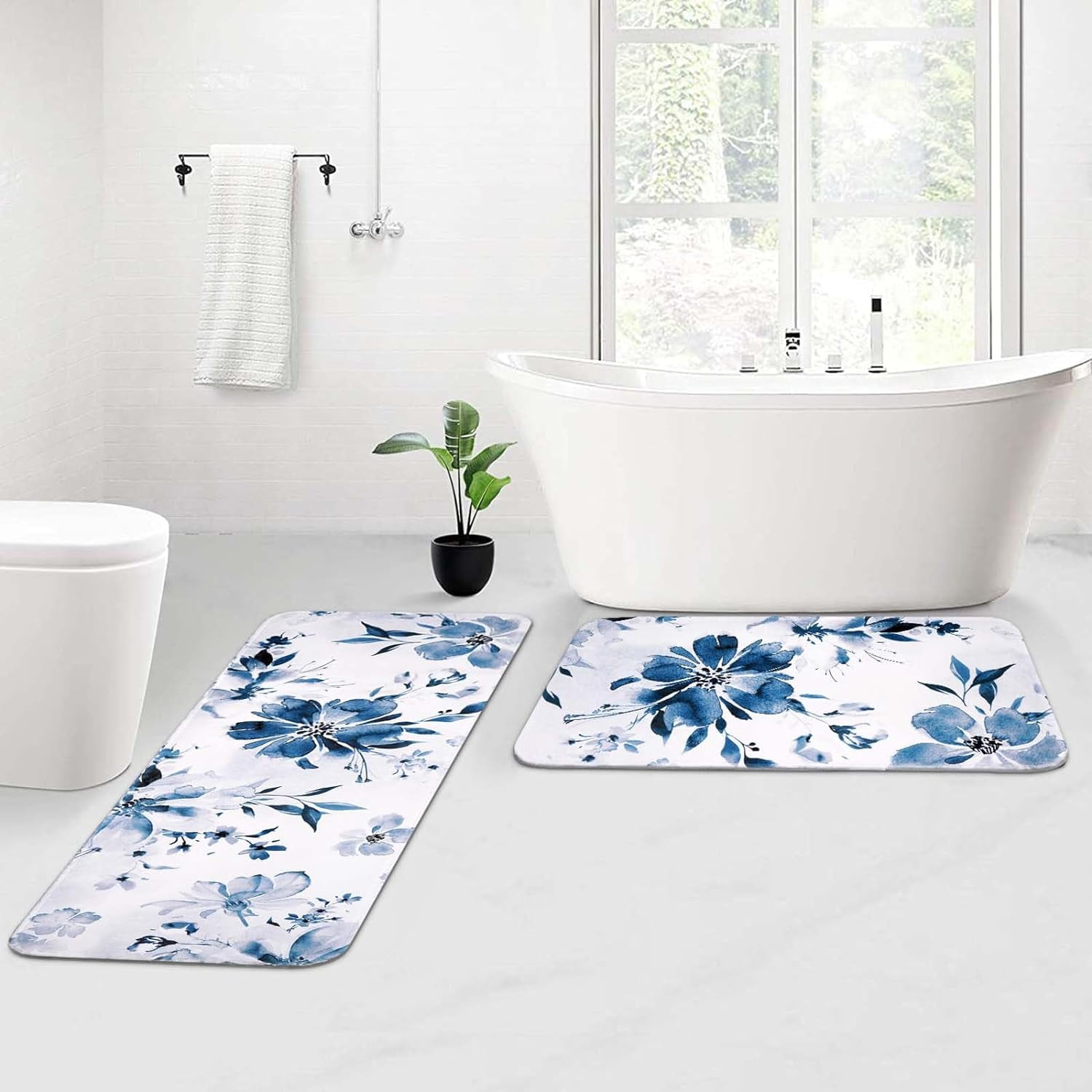Blue Floral Bathroom Rug Sets 2 Piece, Absorbent Bath Mats for Floor, Watercolor Ink Flowers Bath Rugs for Bedroom, Front Door, Kitchen, Modern White Bathroom Decor, 17.3"x 30" +17.3"x 47"