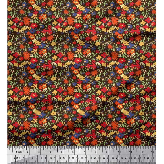 Soimoi Poly Georgette Fabric Leaves & Floral Artistic Printed Fabric 1 Yard 52 Inch Wide