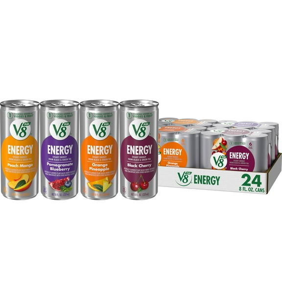V8  Energy Peach SCH4 Mango, Orange Pineapple, Black Cherry and Pomegranate Blueberry Juice Energy Drinks, 8 fl oz Can (24 Pack)
