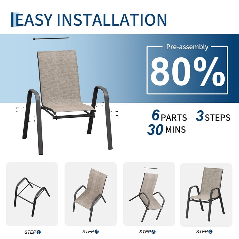 TROPOW Patio Chairs Set of 4, Outdoor Stackable Dining Chairs with Textilene Fabric, All-Weather Deck Stacking Chairs with High Back for Backyard Poolside Garden Balcony, Brown