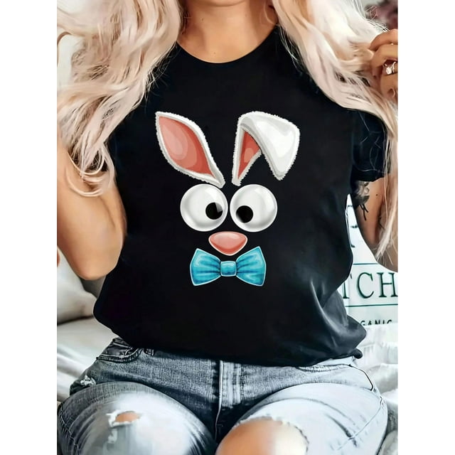 Easter Bunny Print T-Shirt, Casual Crew Neck Short Sleeve Comfort Tee Top For Spring & Summer, Women's Clothing Tee For Adult, Men, Women, Teen, Teenager, Adolescent, Youth