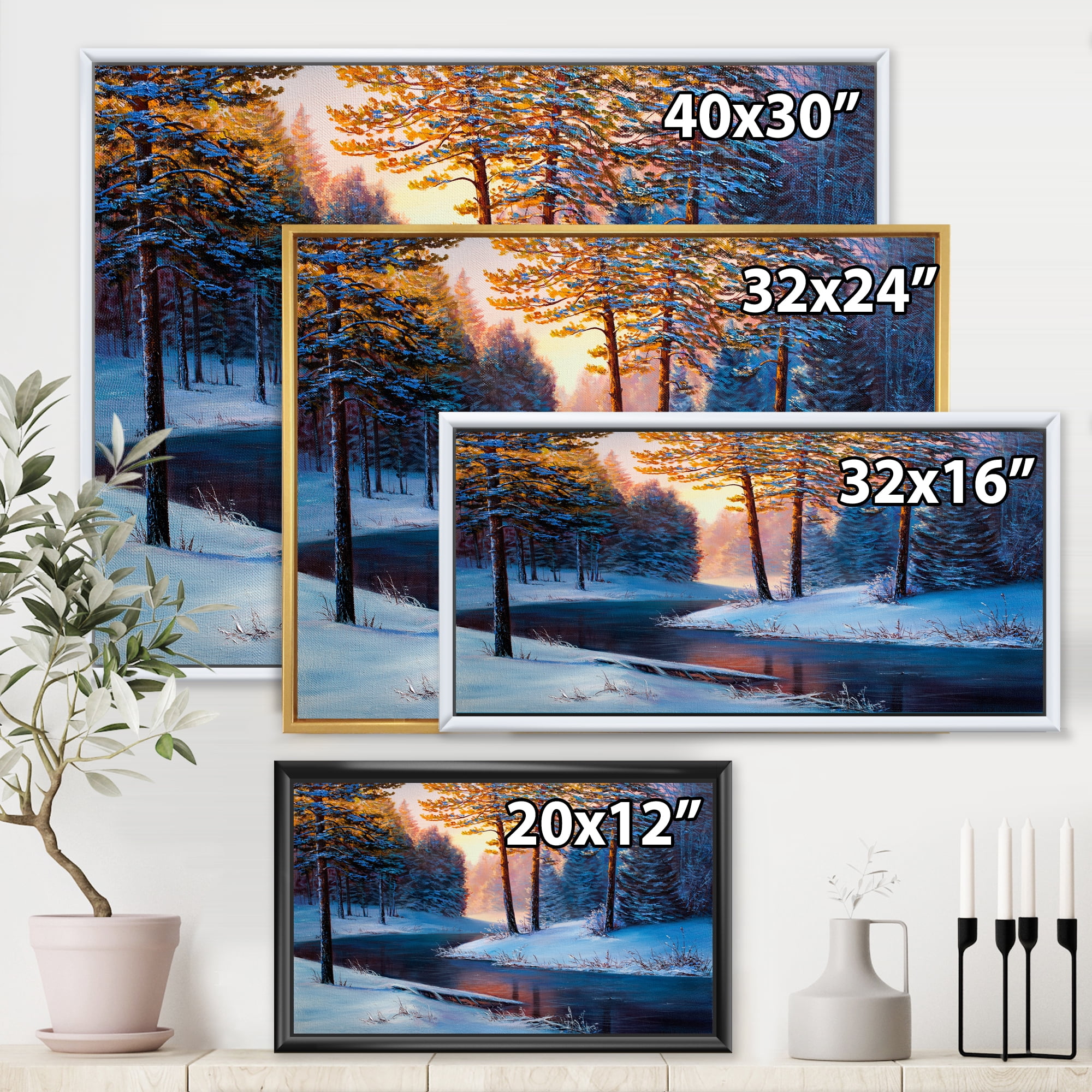 Designart 'Morning Glow Through The Christmas Forest By The River' Lake House Framed Canvas Wall Art Print