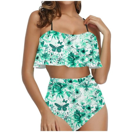 TrendVibe365 Bikinis for Women One Piece Green 2 Piece Swimsuits High Waist Thong Adjustable Shoulder Strap Ruffles Bandeau Bathing Suits Floral Swimwear Beachwear M