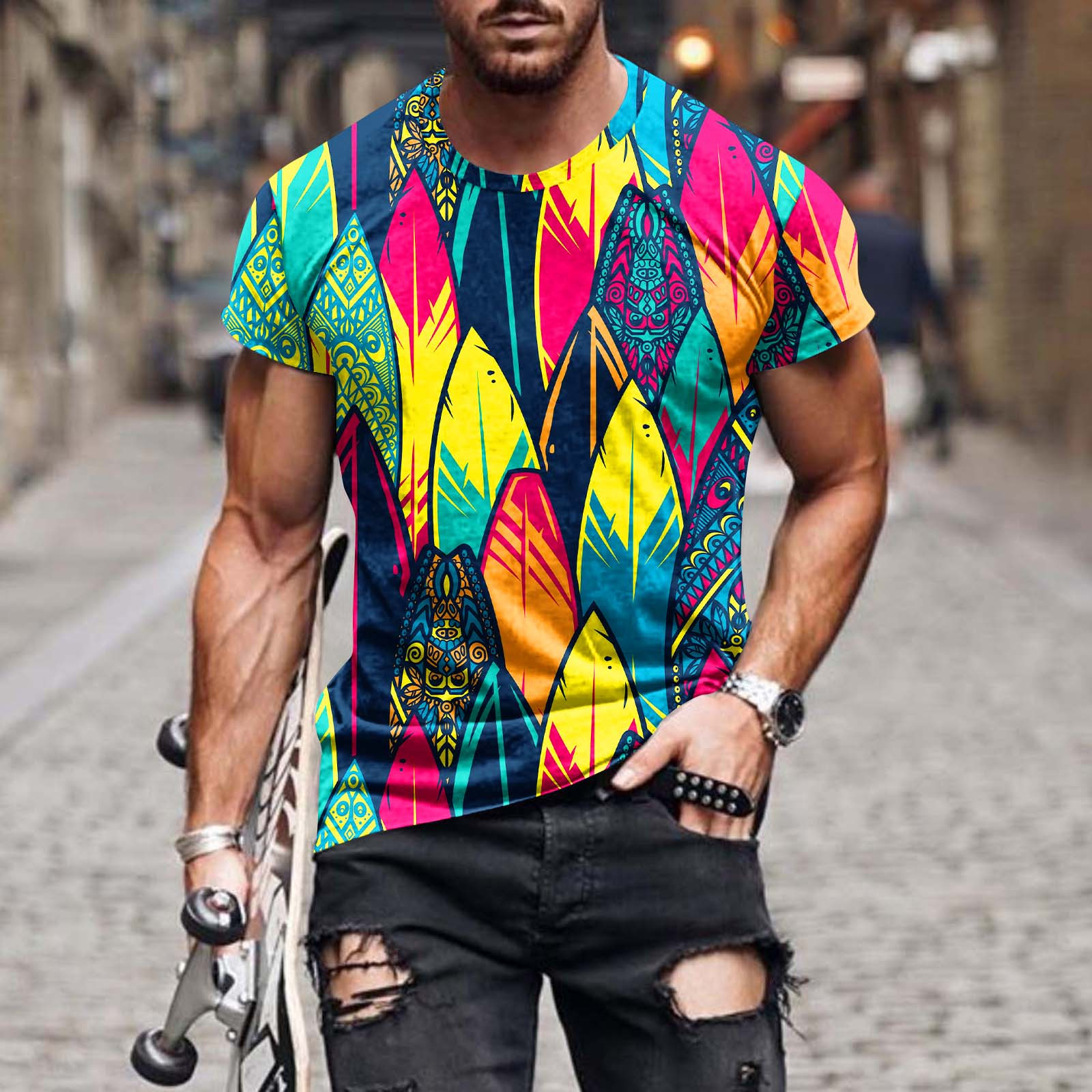 hopeusnice Men's Summer T-Shirt Colorful Feather Print Short Sleeve ...