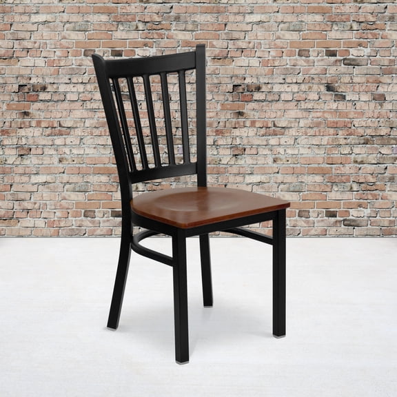 Emma Oliver 2 Pack Black Vertical Back Metal Restaurant Chair - Cherry Wood Seat