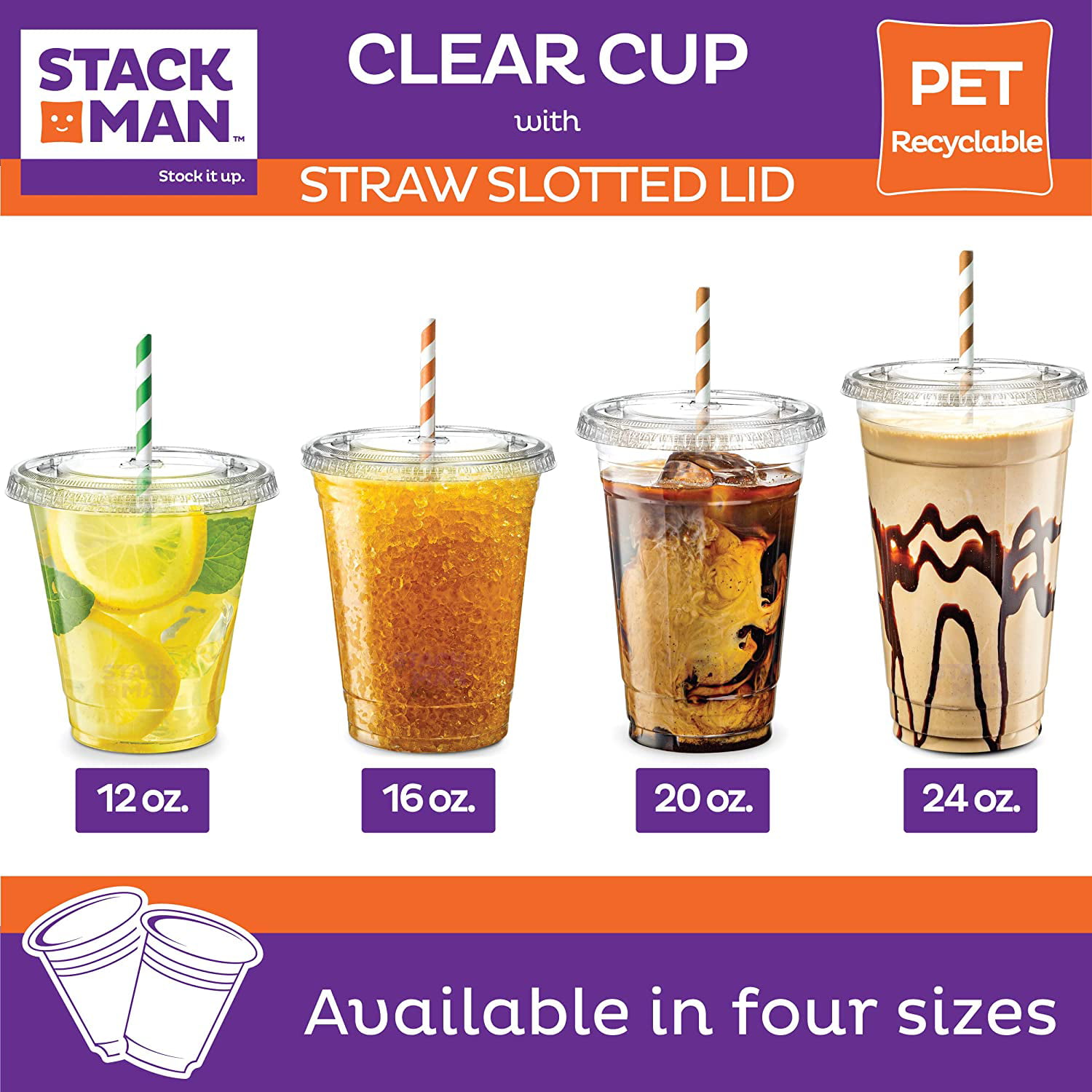 12oz Crystal Clear Plastic Cups with Flat Lids and White Paper Straws - for Summary Beverage, Party, To-Go (100)