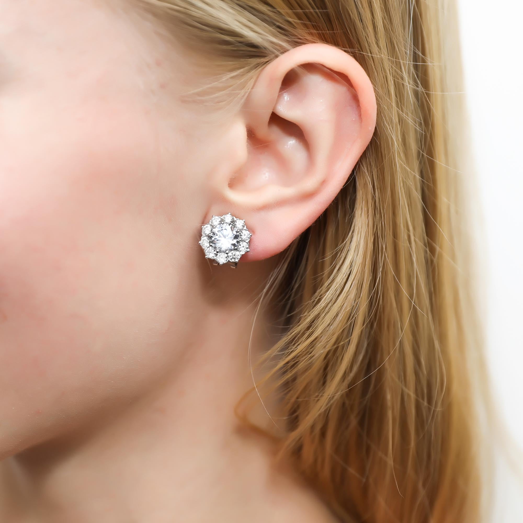 BERRICLE Sterling Silver Flower Cubic Zirconia CZ Statement Halo Anniversary Omega Back Stud Earrings for Women, Rhodium Plated