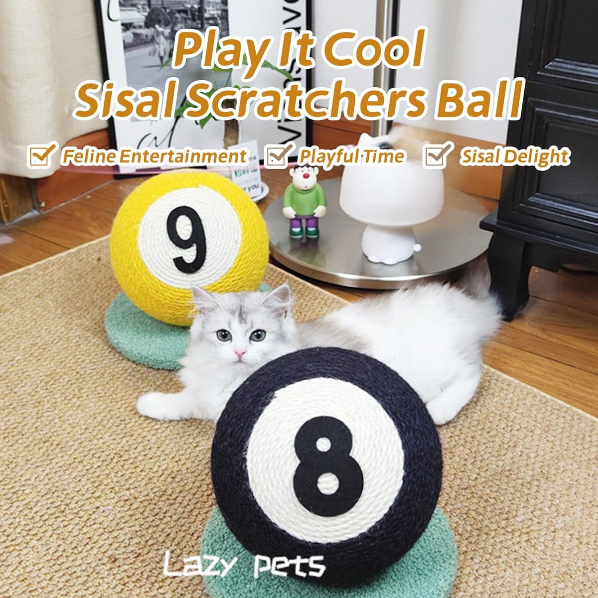 ShadeMart 8-Ball Billiard Style Cat Scratcher, Premium Natural Sisal Chew Toy for Cats & Kittens