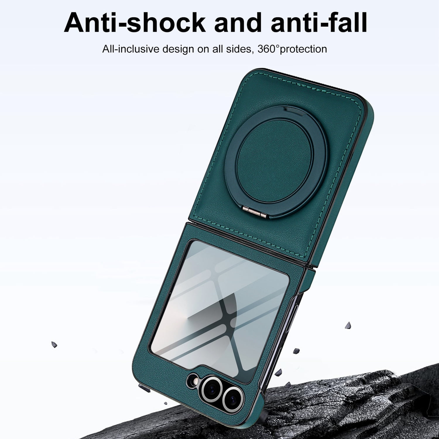 Compatible with Samsung Galaxy Z Flip 7 Phone Case,Built-in Screen Protector,360° Rotatable Ring Kickstand,Compatible with Mag-Safe,Anti-Scratch Leather Shockproof Rugged Phone Case,Green