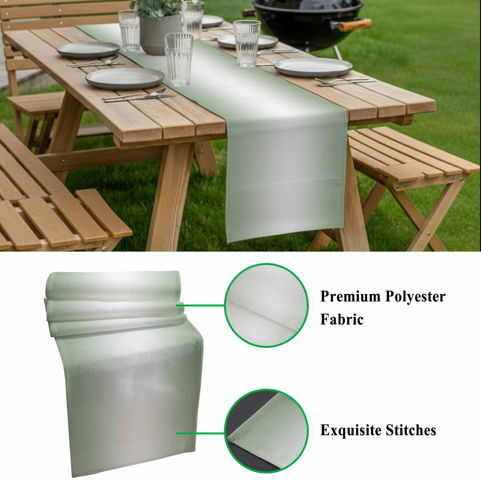 Sage Green Table Runner 13x108 inch and White Gradient Cotton Linen Dining Table Runner Ideal for Dresser Kitchen Coffee Tables - Machine Washable