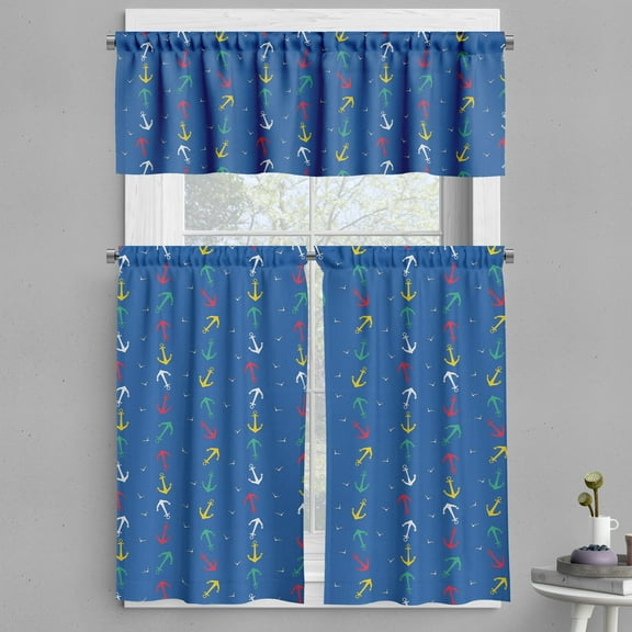Ambesonne Nautical Valance & Curtain, Colorful Anchors Seagulls, 55"x36", Cobalt Blue Dark Yellow