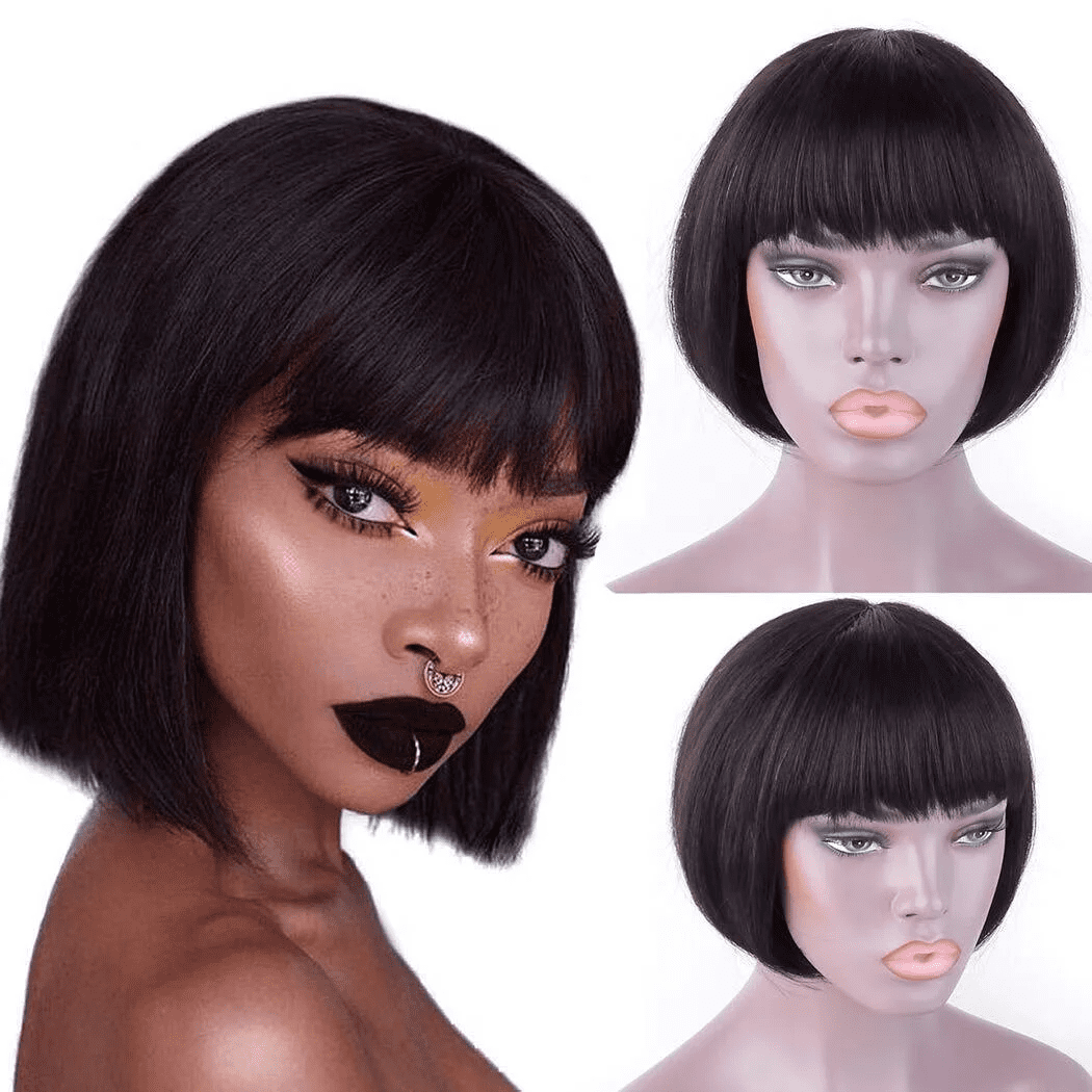 Dopi 9" Black Remy Human Hair Wigs for Women Straight Short Bob Wigs Wefted Wig Caps