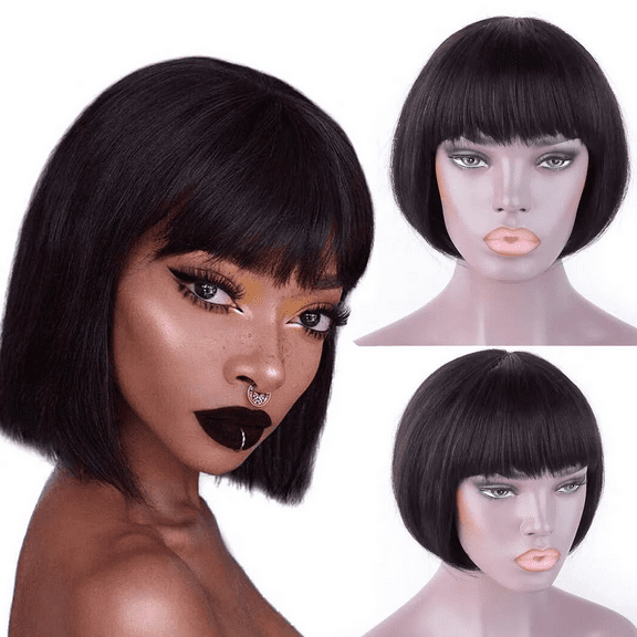 SUCS Short Straight Bob Human Hair Wigs with Bangs for Black Women SUCS Brazilian None Lace Front Wigs Pixie Cut 6inch Glueless 150% Density