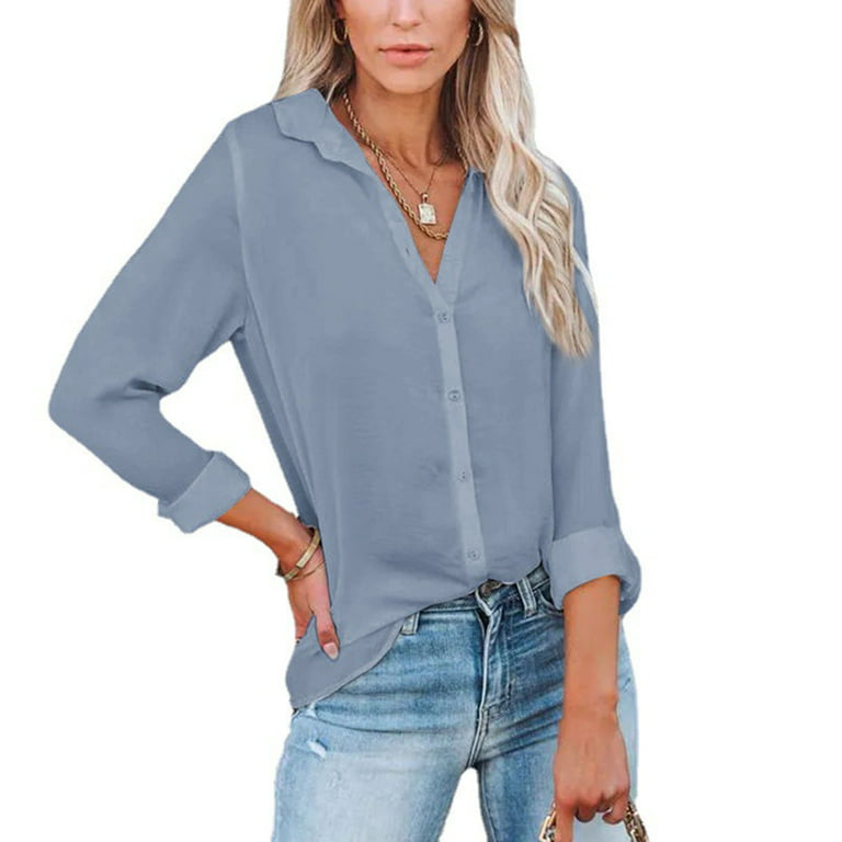 XFLWAM Womens Button Down Shirts Lapel V Neck Long Sleeve Office Blouses  Casual Business Solid Color Rolled Sleeve Tops White L 