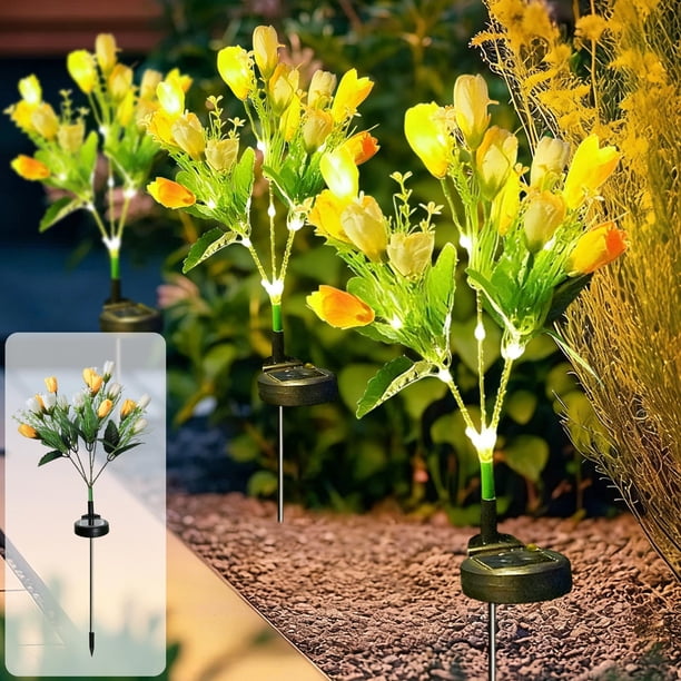 Lámpara solar para exteriores con 5 tulipanes, resistente al agua, con estaca, decorativa de plástico, para jardín y patio.