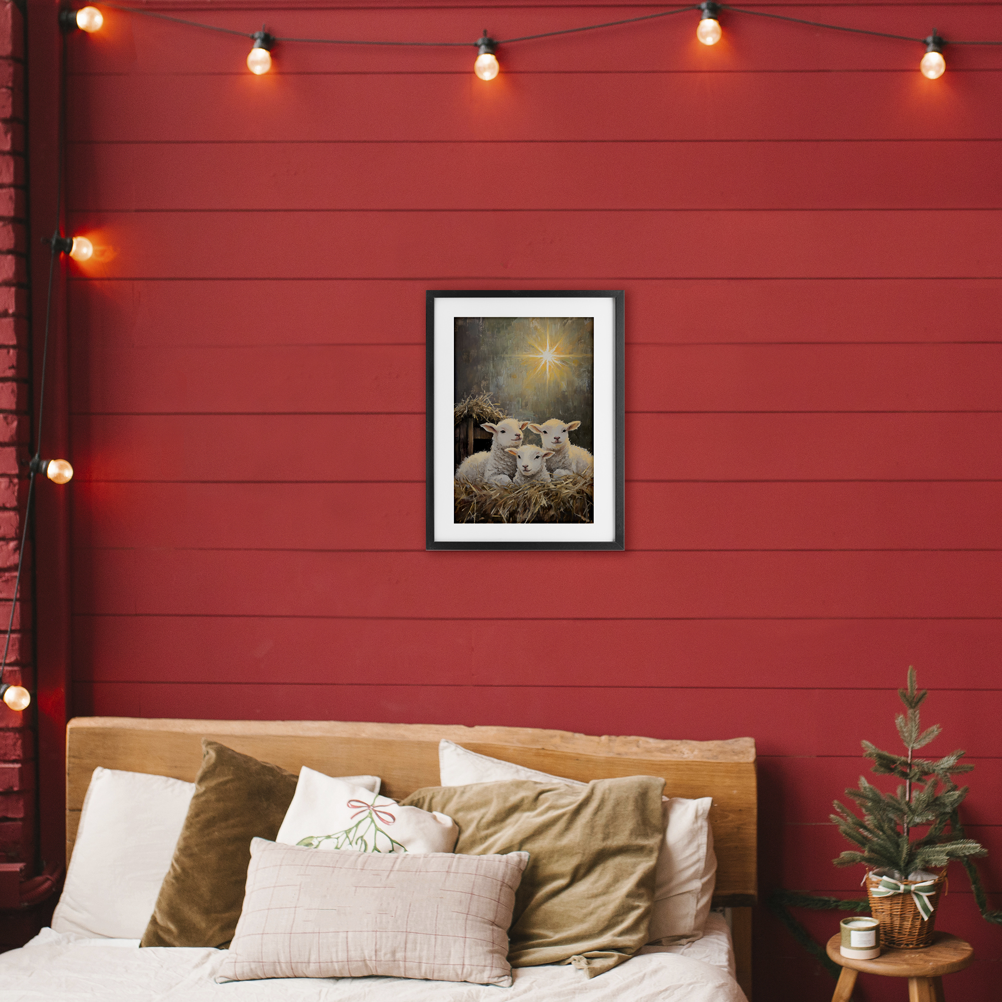 Festive Lambs in Stable Black Framed Print Under Glass, design by Petal Prints Design