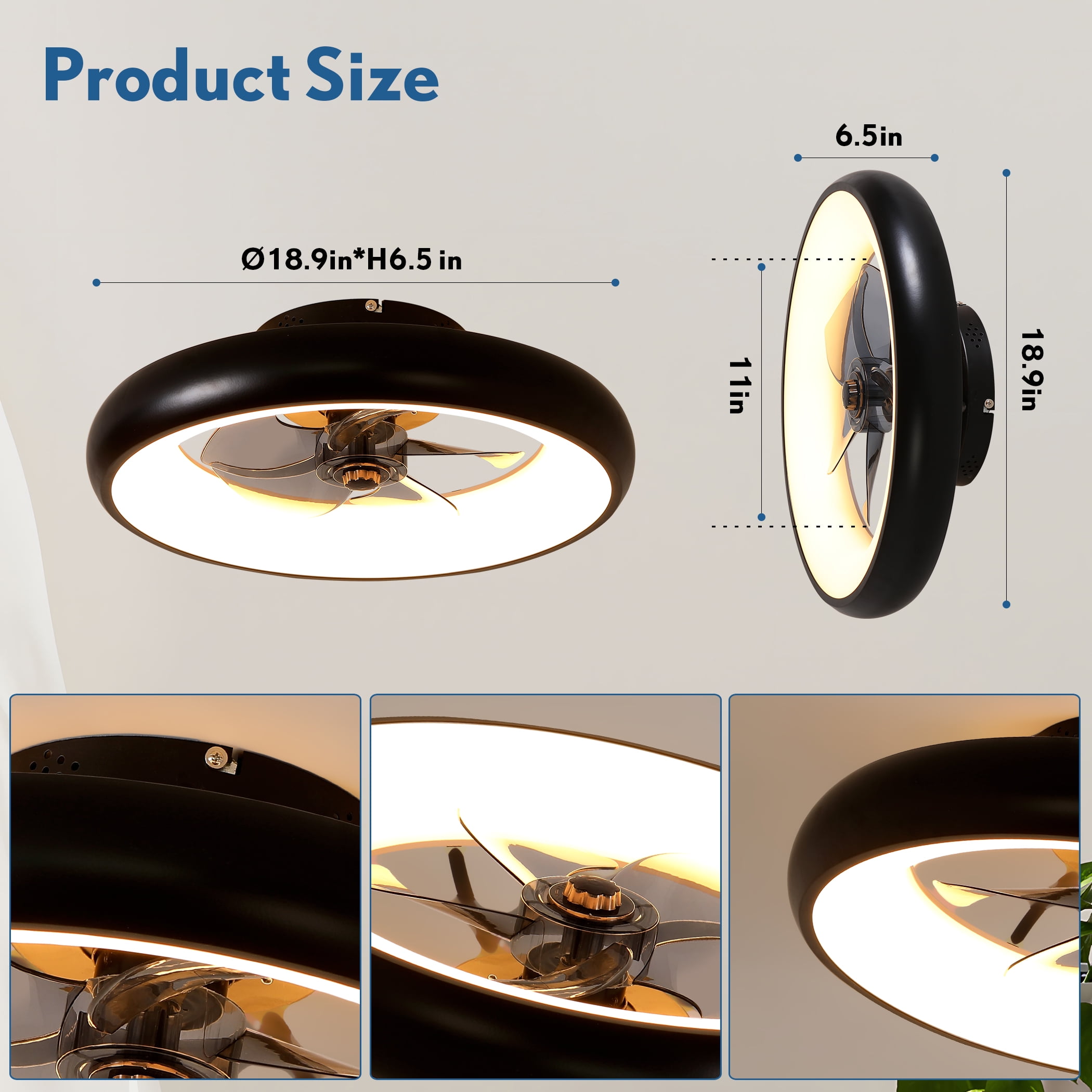 GCGAFUL 18.9" Ceiling Fan with Light and Remote, Flush Mount Led Fan with Stepless Dimming, 6 Speeds, 3 Color Temperatures, Low Profile for Bedroom