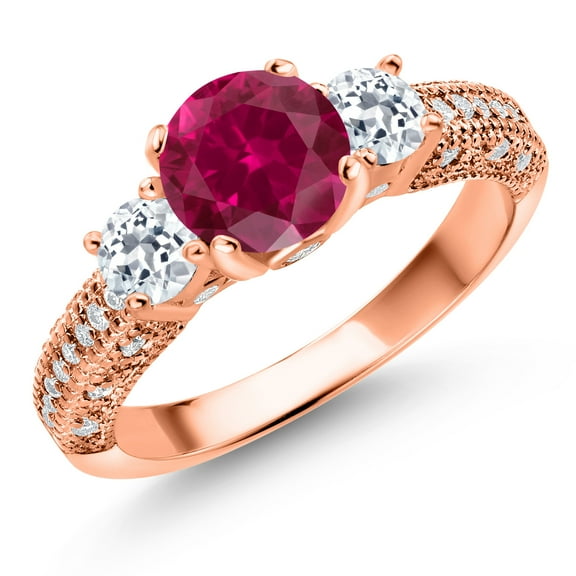 Gem Stone King 18K Rose Gold Plated Silver Red Created Ruby White Topaz and White Moissanite Engagement Ring for Women (2.29 Cttw, Gemstone July Birthstone, Round 7MM and 4MM, Size 9)