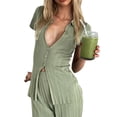 thumbnail image 3 of Blotona Women Pants Two-piece Set Short Sleeve Button-down Shirt with Elastic Waist Pants Summer Casual Outfit, 3 of 4