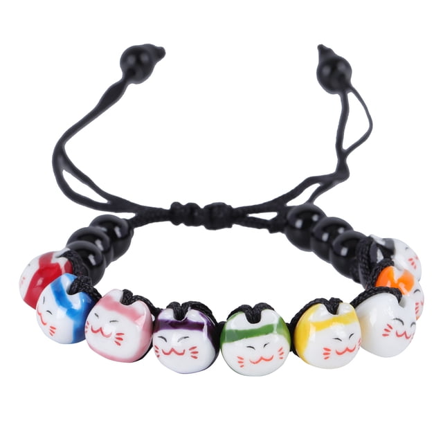 MasteelfCA 1pc Nine-head Ceramic Cat Bracelet Handmade Colorful Cat Literary Cartoon Jewel Black Rope