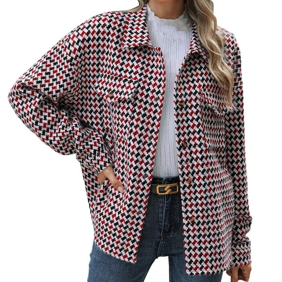 Gnurob Womens Sherpa Lined Jacket Gingham Plaid Outerwear Button Overcoat Lapel V Neck Outwear Teen Girls Fuzzy Jackets Long Sleeves Coatwith Hand PocketsClearance Saving,Red,Medium