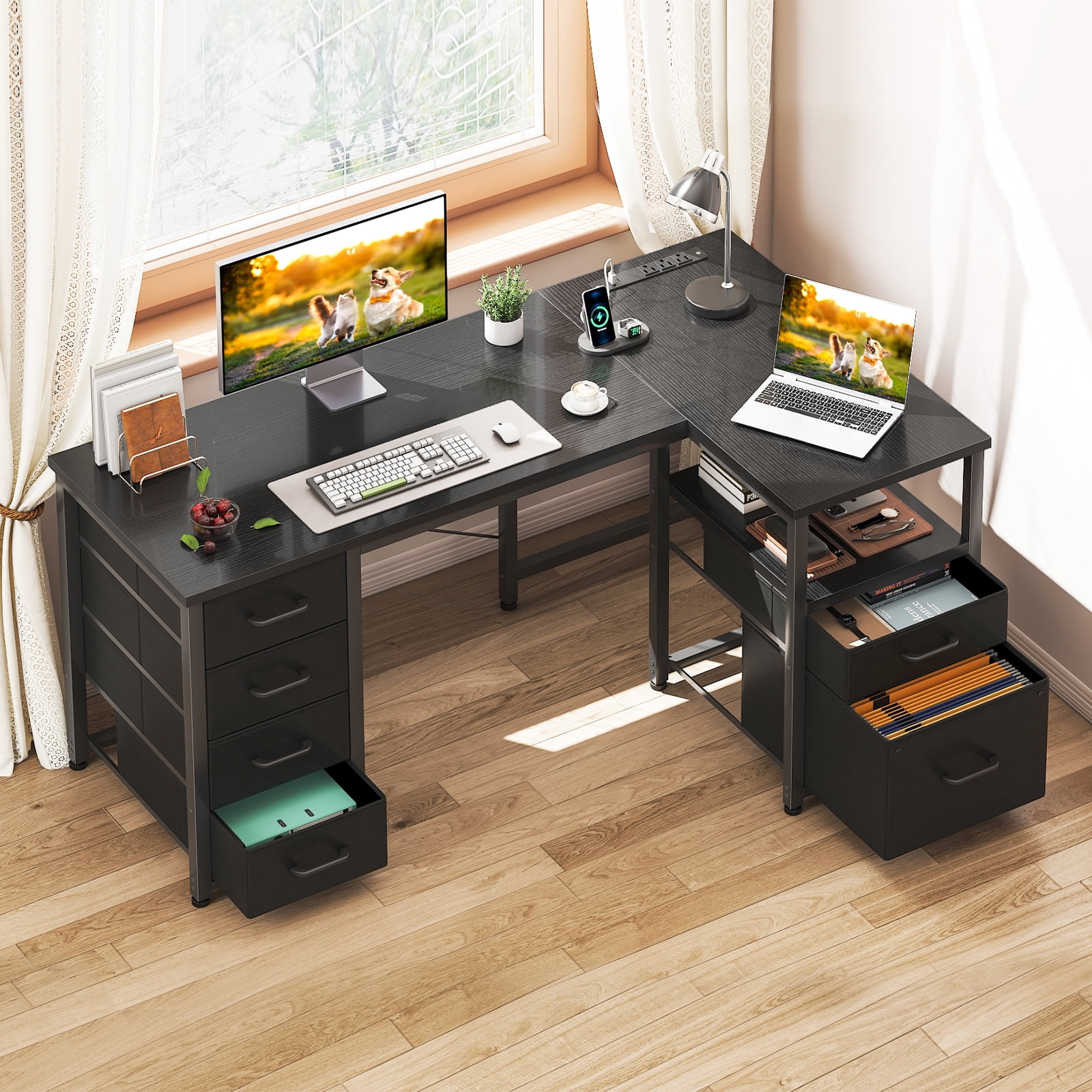 Casacomoda 55 inch Computer Desk with 5 Drawers and File Cabinet for Storage, Office Desk with Storage Shelf & Power Outlets, Home Office Desks,  Black