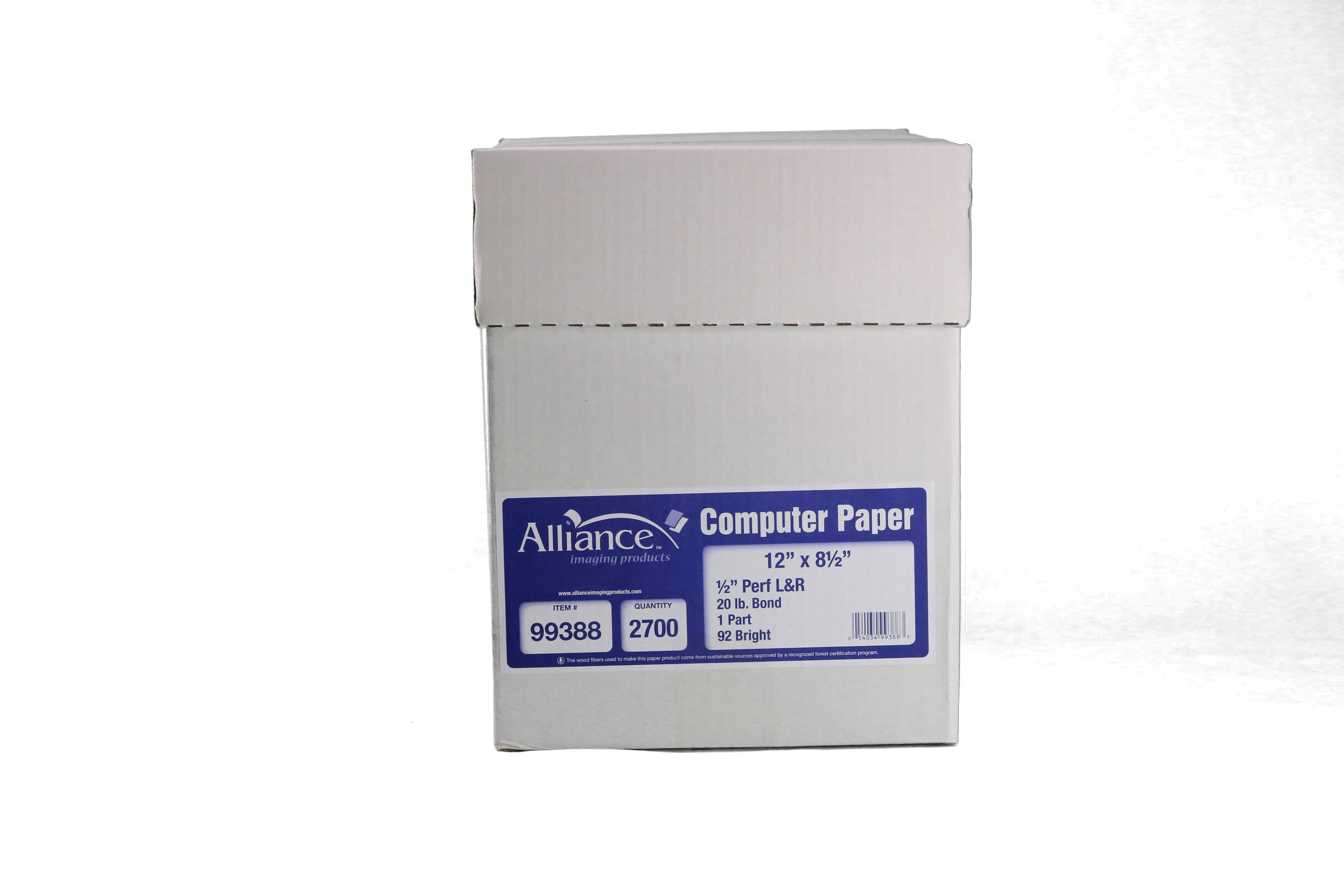 Continuous Paper Blank 12 x 8 ½ , Alliance Side Perfs | 92 Bright | 20 lb. White, 2,700 Sheets | Case