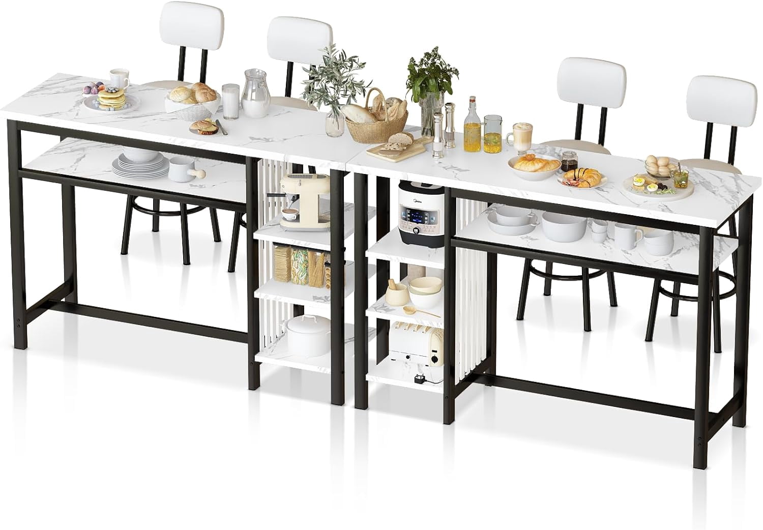 LinkRomat Bar Table and Chairs Set for 2, Marble Kitchen Island Table with 2 PU Bar Stools, Tall Kitchen Table and Chairs with Storage for Small Spaces, Home & Apartment, White