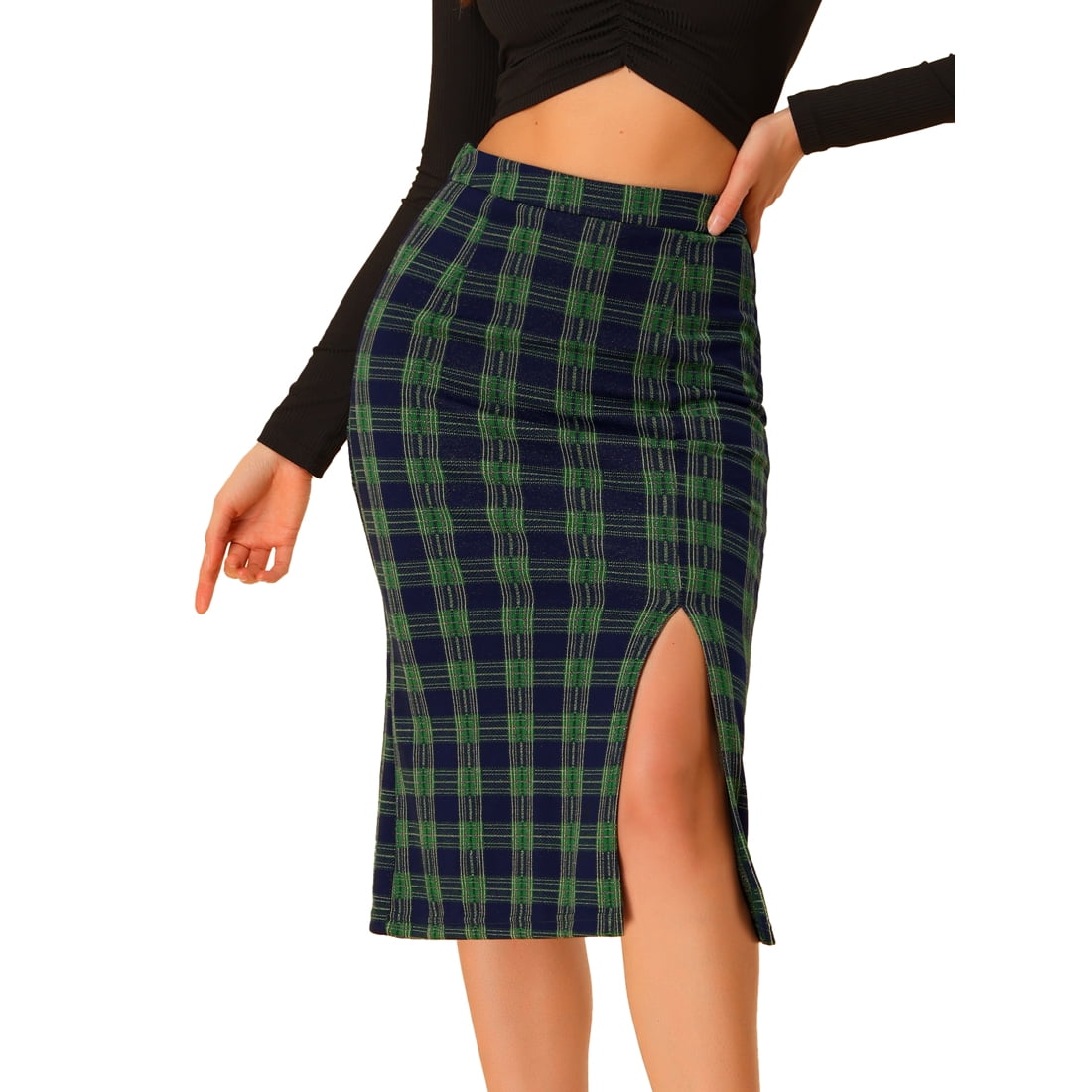 Unique Bargains Women s Plaid High Waisted Stretchy Slit Midi Pencil Skirt Green XL