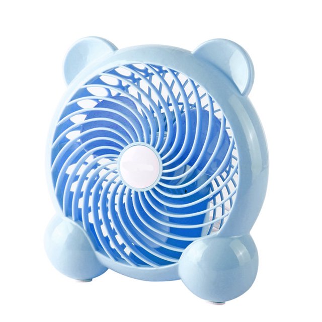 Mini Desk Fan Portable Personal Fan Desktop Office Fan with 2 adjustable speeds, shown in a compact blue design with a circular grille and bear-shaped accents. Made of PP and electronic components, it is USB powered and suitable for home or office use. Dimensions are 19x18.5cm, and it weighs 500g.