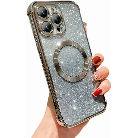 Magnetic Case for iPhone 14 Pro 6.1 inch with Gradient Glitter,[Compatible with MagSafe]Luxury Plating Cute Clear Bling Sparke Case for Women Girls,Shockproof TPU Camera Protector Cover-Silver