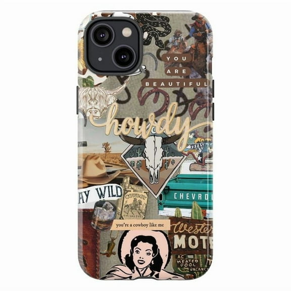 Western Collage Phone Case, Cowboy Rodeo & Wild West Design iPhone Cover, Unique Artistic Protective Case for iPhone 17 16 15 14 13 12 11 Pro Plus Mini
