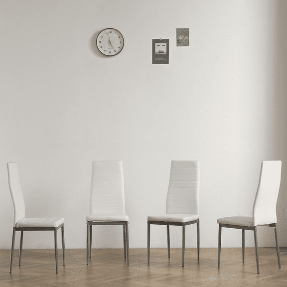 4 Pcs Dining Chairs Set, Modern High-Back PU Leather Kitchen Chairs with Round Tube Design, Cream White & Gray Legs