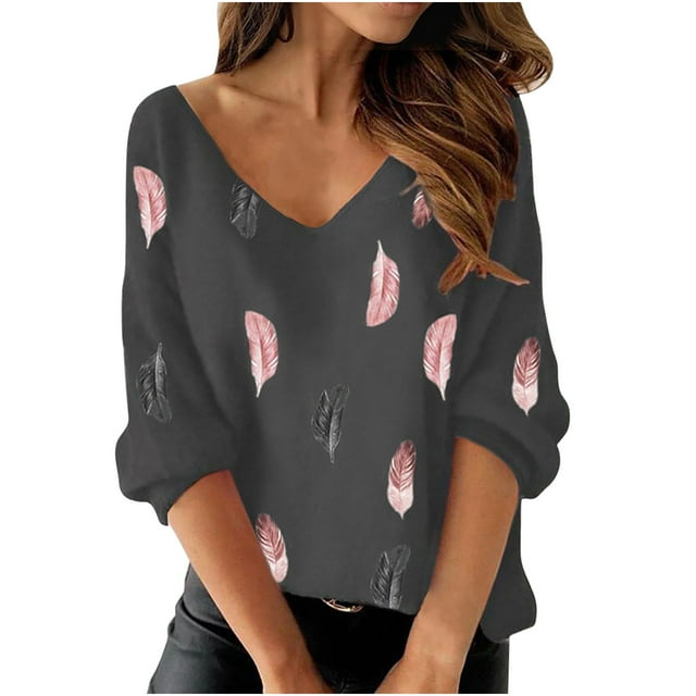 DPTALR Blouse à Manches Longues Imprimée pour Femmes, Col en V, Tunique Pull