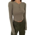 thumbnail image 2 of Fortune Women Slim Crop Pullover Casual Solid Color Long Sleeve Henley Ribbed Tops, 2 of 9