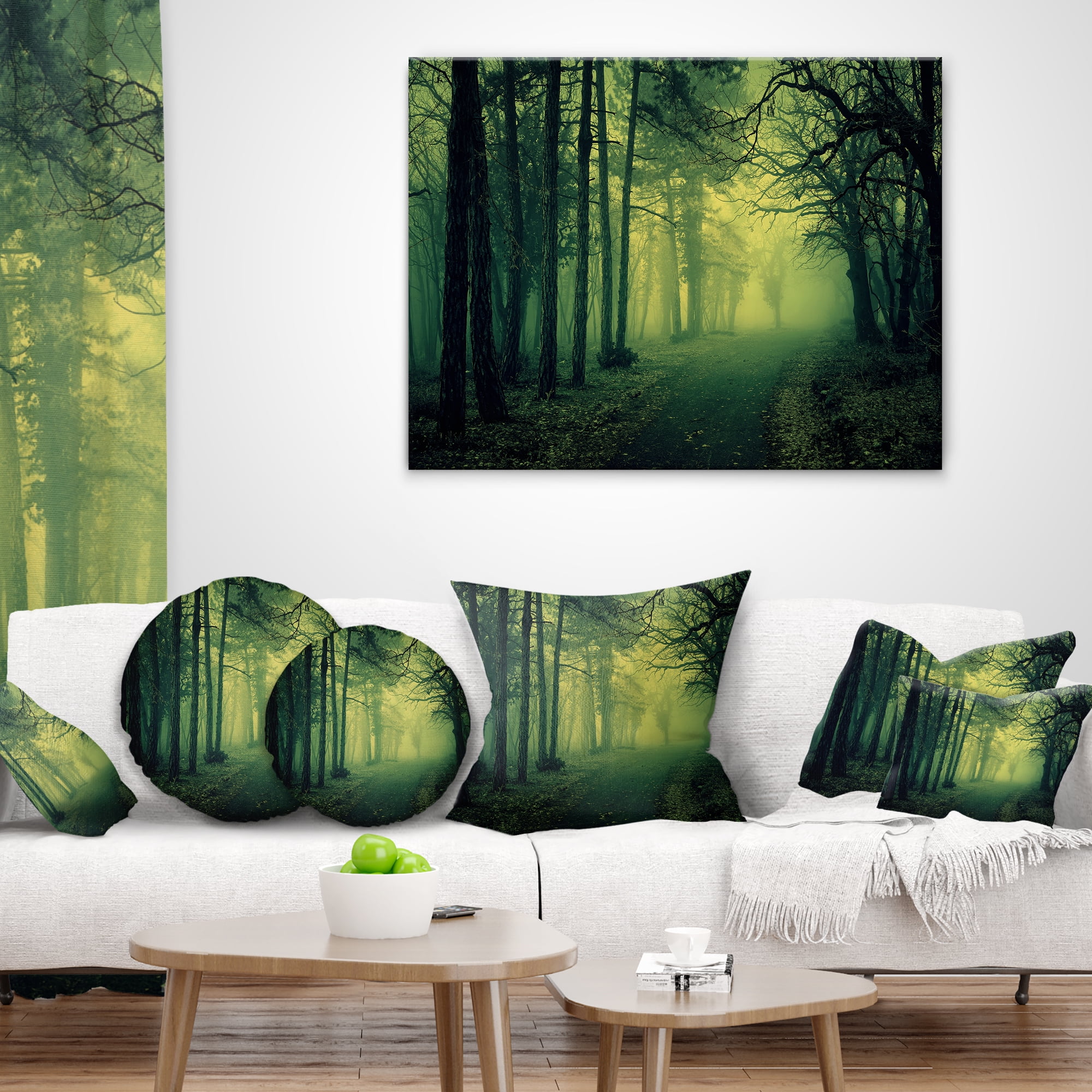 Designart Green Light in Thick Mist Forest - Landscape Photography Throw Pillow - 16x16