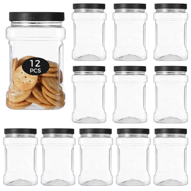 12 tarros de almacenamiento con tapa, recipientes de plástico transparente de 800 ml con tapas herméticas, recipientes de almacenamiento con diseño de fácil agarre, botes de plástico reutilizables con
