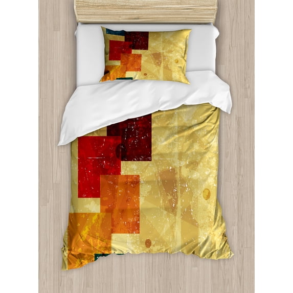 Red and Brown Duvet Cover Set Twin Size, Colorful Squares Abstract Backdrop with Distressed Grunge Effect Modern Art, Decorative 2 Piece Bedding Set with 1 Pillow Sham, Multicolor, by Ambesonne