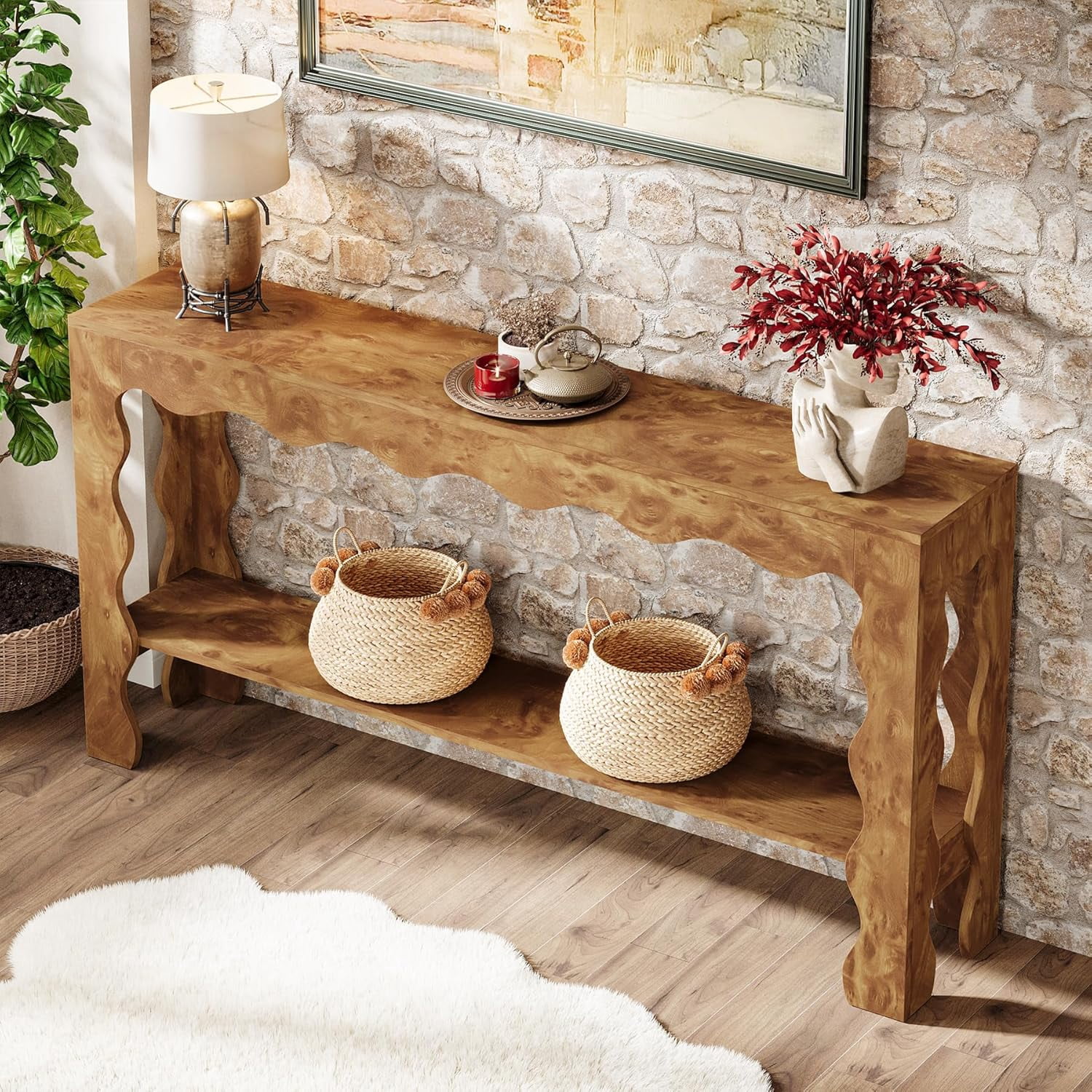 Finmind Console Table 63" Long, 2-Tier Narrow Entryway Table with Scalloped Legs, Rustic Sofa Table Behind Couch for Hallway, Living Room, Light Brown
