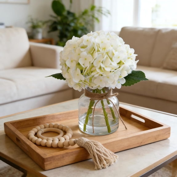 Real Touch Hydrangea Artificial Flowers in Vase with Wood Bead String, Lifelike Faux Hydrangea Flowers for Home Decoration,White
