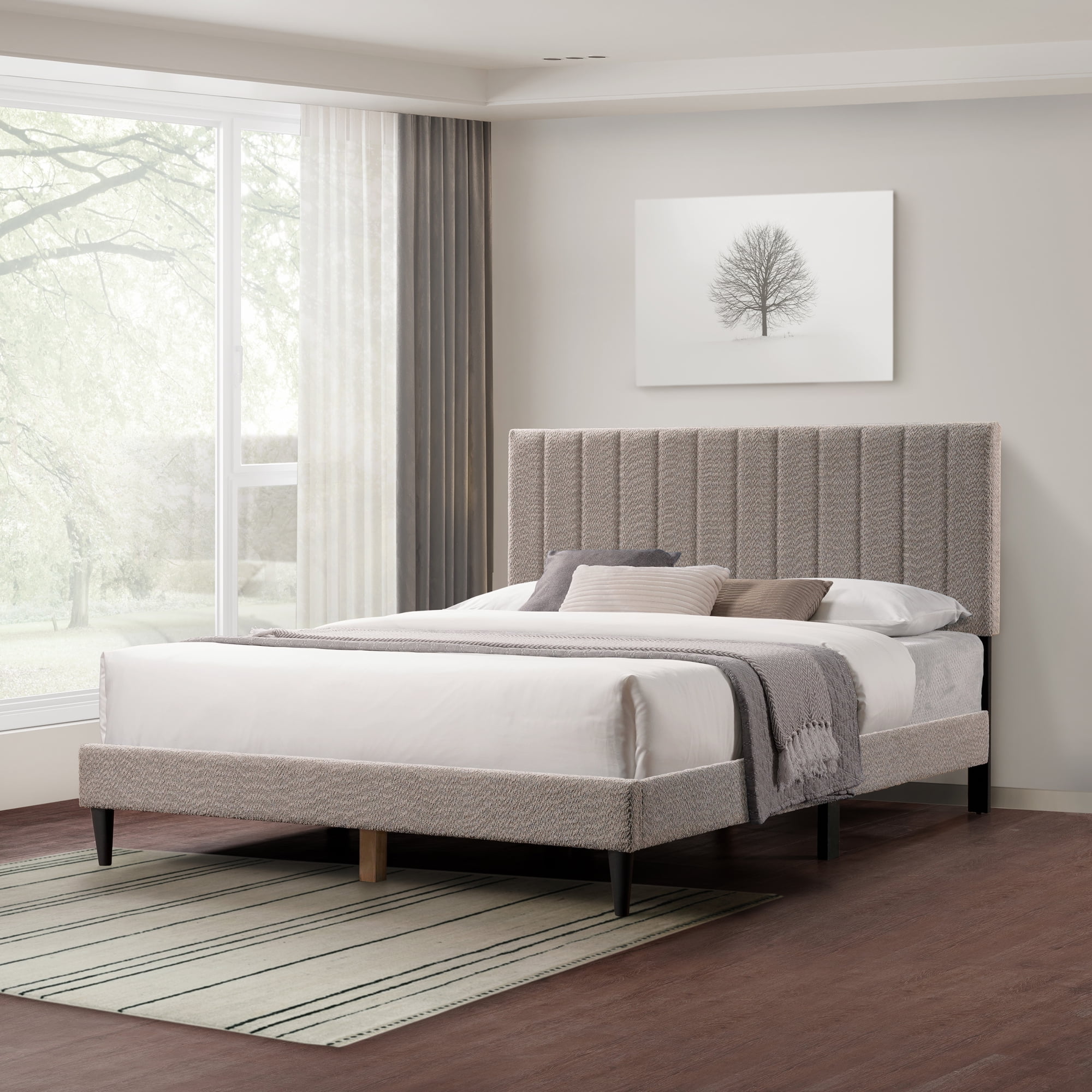 Queen Size Bed Frame, Upholstered Platform Bed Frame with with Tufted Headboard, Gray