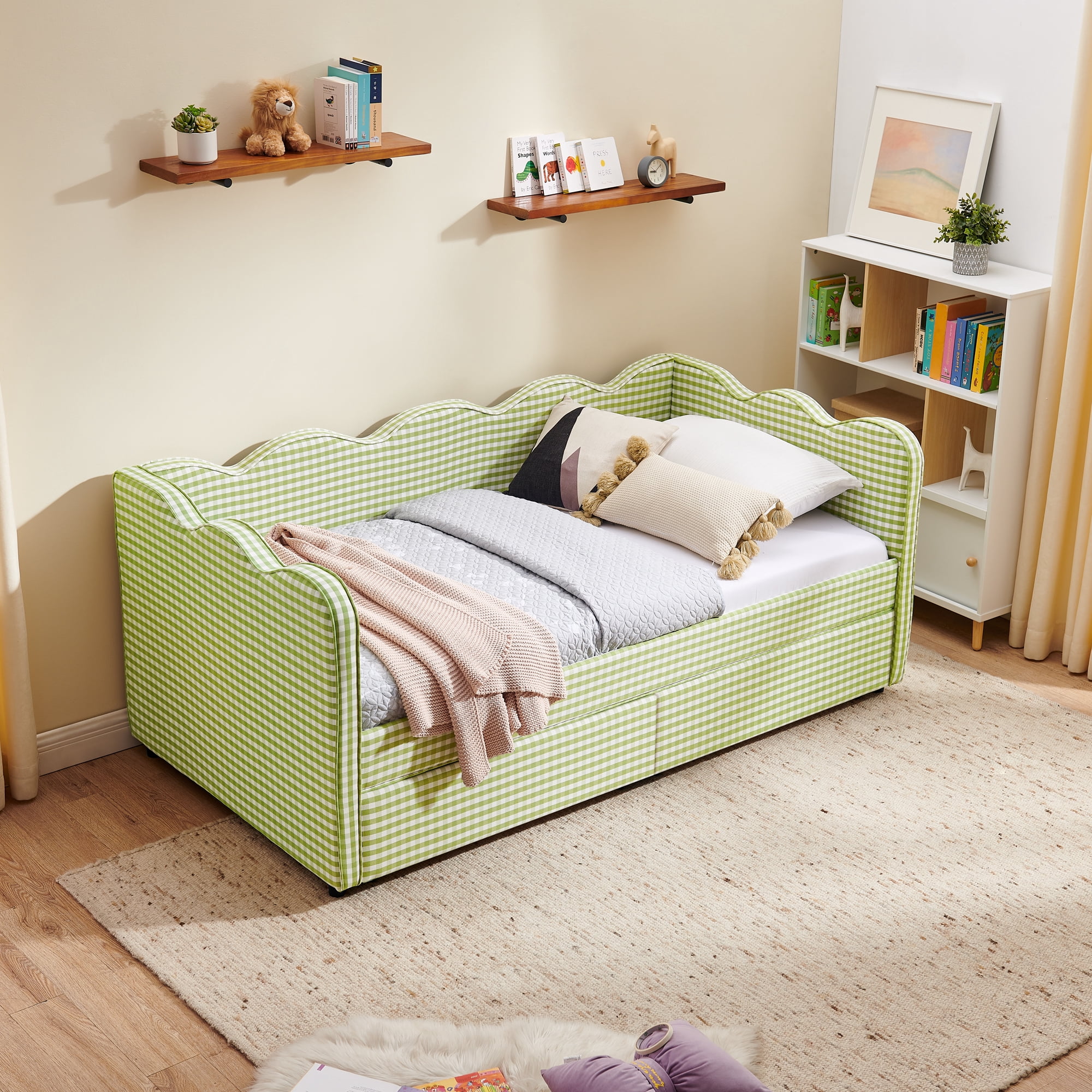 GARITIN Twin Size Daybed with 2 Storage Drawers, Gingham Sofa Bed with USB Port and Wavy Headboard for Kids Room, Green