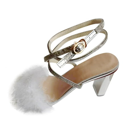 

Ladies Fashion Summer Plush Square Open Toe Ankle Strap Buckle Thick High Heeled Sandals